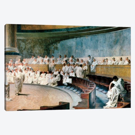 Cicero Denounces Catiline Before The Senate, From A Fresco, 1920 II Canvas Print #BMN11866} by Cesare Maccari Canvas Print