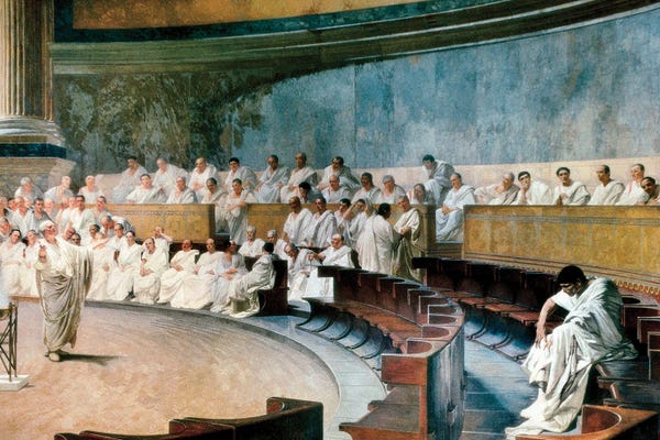 Classic Fine Art: Cicero Denounces Catiline Before The Senate, From A Fresco, 1920 II by Cesare Maccari
