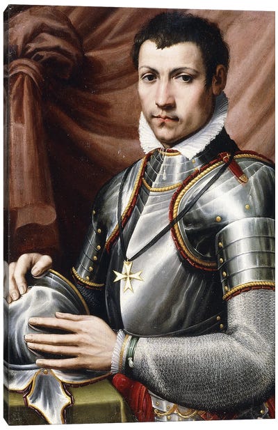Portrait Of A Knight Of Malta, Half-Length, In Armour, Holding A Helmet On A Table, A Curtain Behind, Canvas Art Print - Renaissance Art