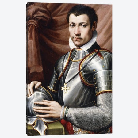 Portrait Of A Knight Of Malta, Half-Length, In Armour, Holding A Helmet On A Table, A Curtain Behind, Canvas Print #BMN11875} by Giorgio Vasari Canvas Wall Art