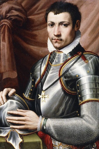 Malta: Portrait Of A Knight Of Malta, Half-Length, In Armour, Holding A Helmet On A Table, A Curtain Behind, by Giorgio Vasari