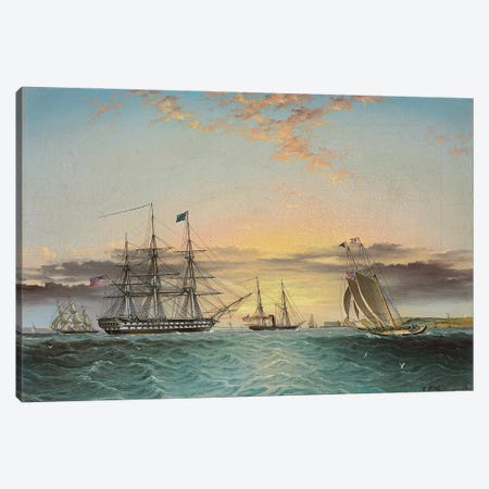 The U.S.S. Ohio Under Tow In The Lower Bay, New York With A View Of Fort Hamilton Canvas Print #BMN11945} by James E. Buttersworth Canvas Wall Art