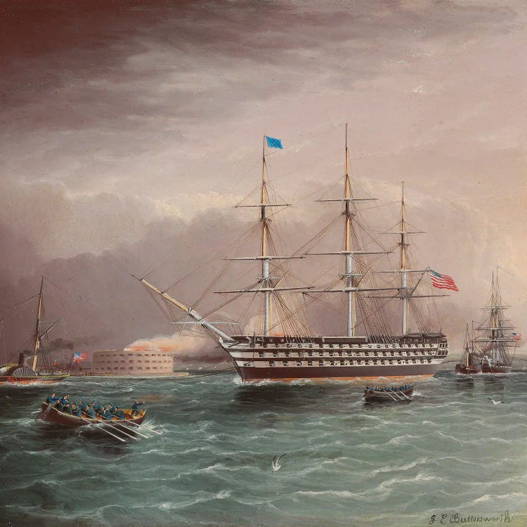 The U.S.S. Pennsylvania Under Tow At The Outbreak Of The American Civil War With Fort Monroe In The Background