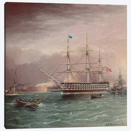 The U.S.S. Pennsylvania Under Tow At The Outbreak Of The American Civil War With Fort Monroe In The Background Canvas Print #BMN11946} by James E. Buttersworth Canvas Art