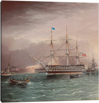 The U.S.S. Pennsylvania Under Tow At The Outbreak Of The American Civil War With Fort Monroe In The Background Canvas Art Print
