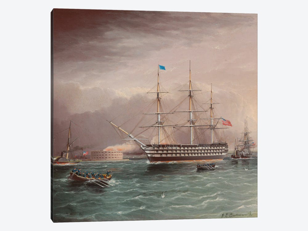 The U.S.S. Pennsylvania Under Tow At The Outbreak Of The American Civil War With Fort Monroe In The Background by James E. Buttersworth 1-piece Canvas Art