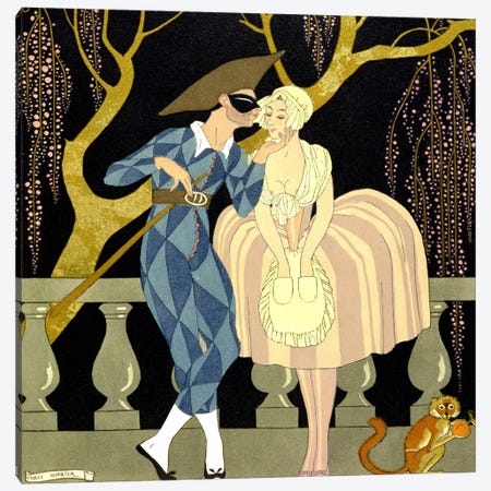 Harlequin's Kiss (w/c on paper) Canvas Print #BMN11} by George Barbier Art Print