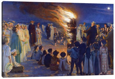 Midsummer's Eve Bonfire On Skagen's Beach Canvas Art Print - Camping Art