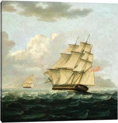 A British Frigate In Pursuit Of A French Frigate Canvas Art Print - Warship Art