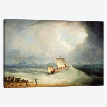 A Deal Lugger Going Off To A Storm-Bound Ship In The Downs, South Foreland Canvas Print #BMN12113} by Thomas Buttersworth Canvas Wall Art