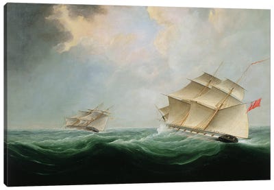 A Naval Brig Pursuing Another Brig Canvas Art Print - Warship Art