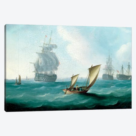 British Men-O'-War And A Hulk In A Swell, A Sailing Boat In The Foreground Canvas Print #BMN12117} by Thomas Buttersworth Canvas Print