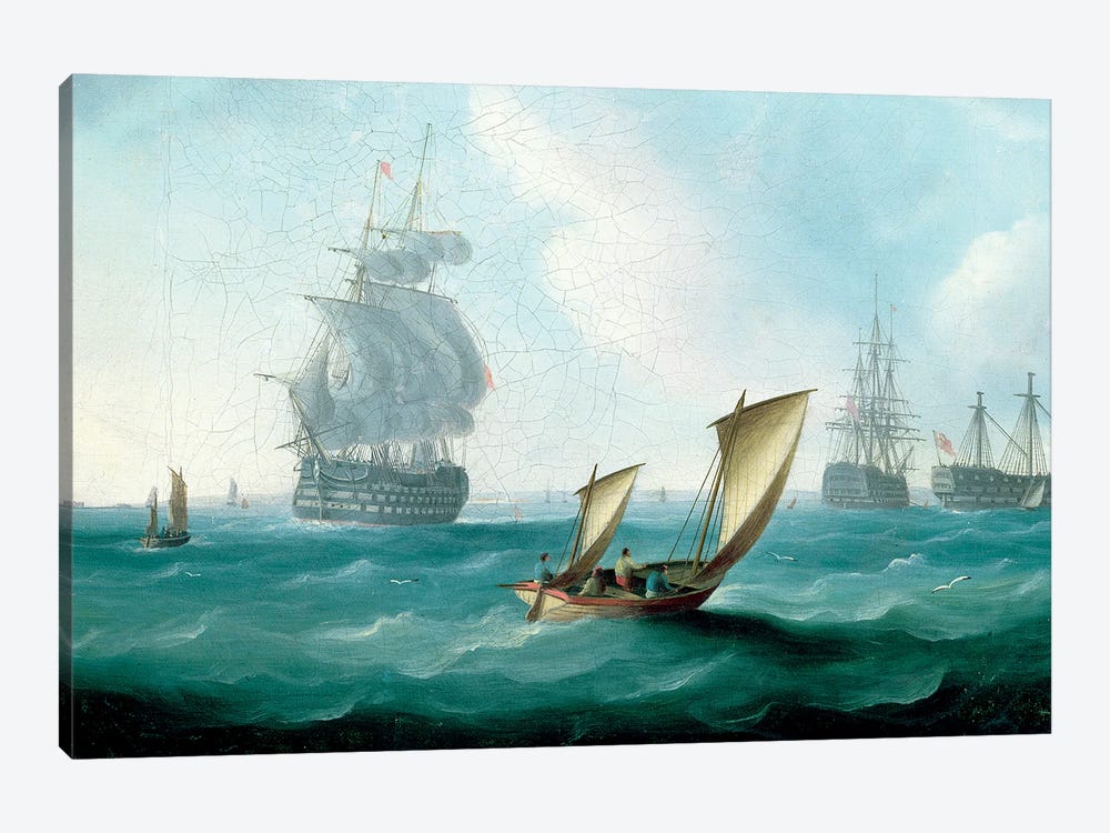 British Men-O'-War And A Hulk In A Swell, A Sailing Boat In The Foreground by Thomas Buttersworth 1-piece Canvas Art Print