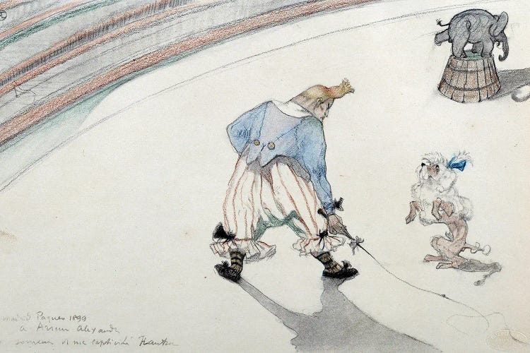 Circus Scene: Dressage. A Clown With A Scientist Dog And An Acrobatic Elephant