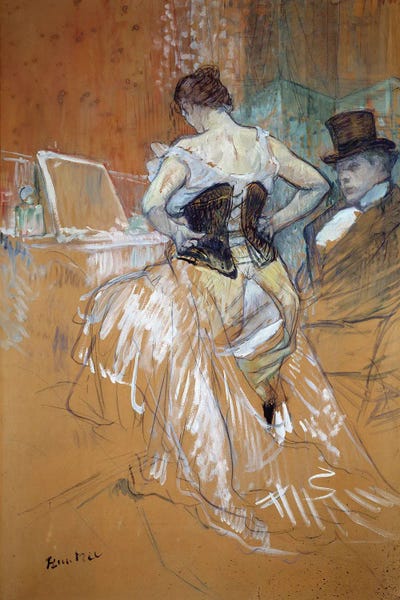 Henri de Toulouse-Lautrec: Conquete In Transit, The Woman In The Corset Prostituee Dresses In Front Of Her Client In A Brothel, 1896 by Henri de Toulouse-Lautrec