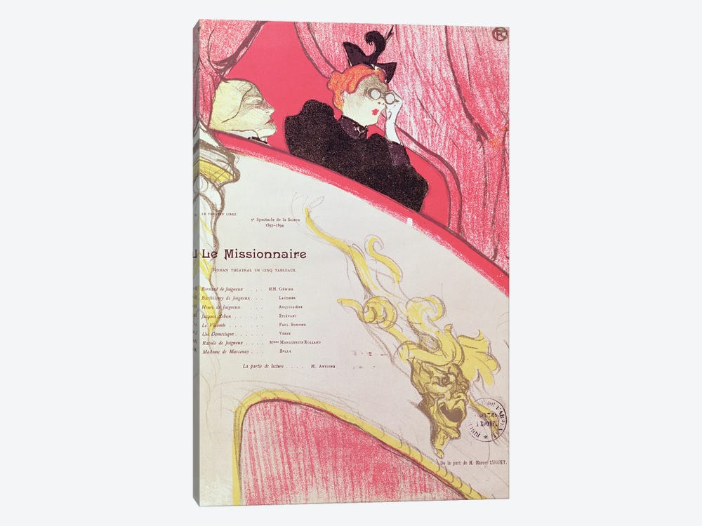 Cover Of A Programme For 'Le Missionaire' At The Theatre Libre, 1893-94 by Henri de Toulouse-Lautrec 1-piece Canvas Wall Art