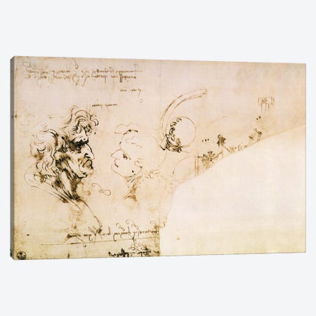 Study of Two Heads in Profile and Studies of Machines  Canvas Print #BMN1280} by Leonardo da Vinci Canvas Wall Art