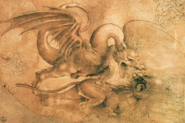 Fight between a Dragon and a Lion by Leonardo da Vinci wall art