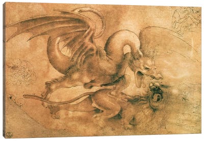 Fight between a Dragon and a Lion  Canvas Art Print - Leonardo da Vinci