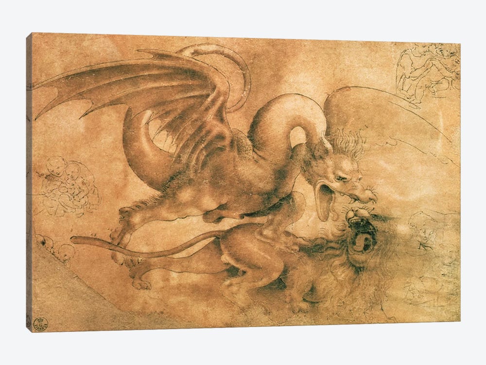 Fight between a Dragon and a Lion  by Leonardo da Vinci 1-piece Canvas Art Print