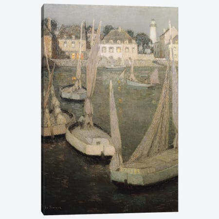 Breton Port By Moonlight Canvas Print #BMN12920} by Henri Eugene Augustin Le Sidaner Art Print