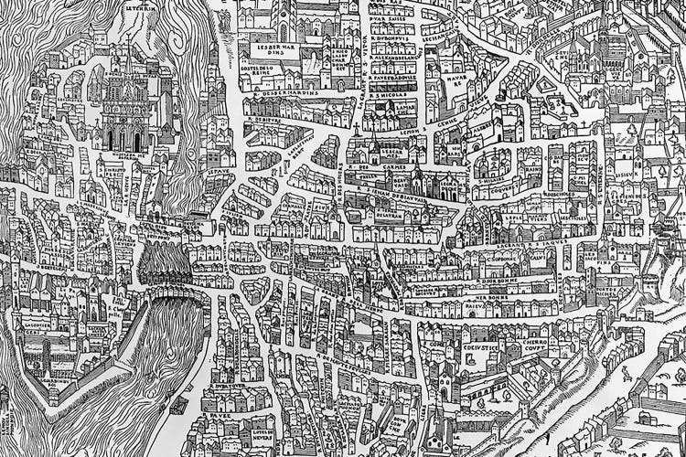 Detail from a map of Paris in the reign of Henri II showing the quartier des Ecoles, 1552 