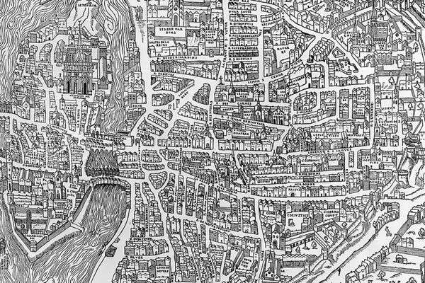 Paris Maps: Detail from a map of Paris in the reign of Henri II showing the quartier des Ecoles, 1552  by French School
