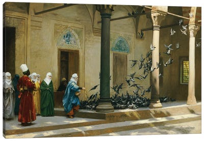 Harem Women Feeding Pigeons In A Courtyard Canvas Art Print - Dove & Pigeon Art