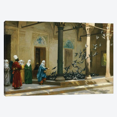 Harem Women Feeding Pigeons In A Courtyard Canvas Print #BMN12978} by Jean Leon Gerome Canvas Wall Art