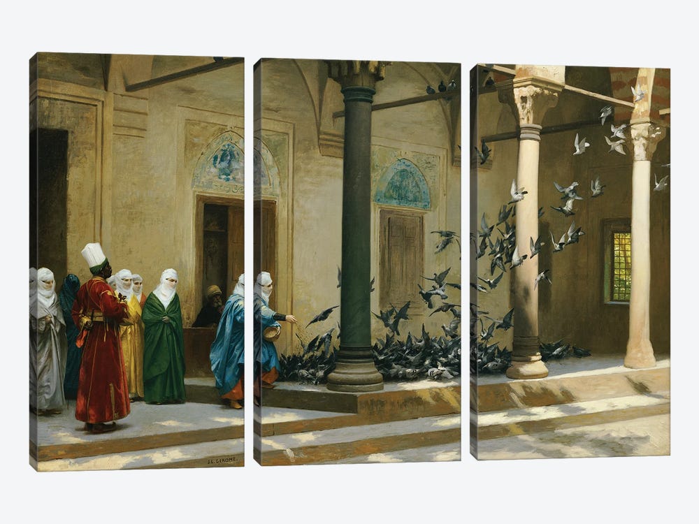 Harem Women Feeding Pigeons In A Courtyard by Jean Leon Gerome 3-piece Canvas Print