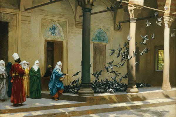 Jean Leon Gerome: Harem Women Feeding Pigeons In A Courtyard by Jean Leon Gerome