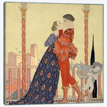 Lovers on a Balcony (w/c on paper) Canvas Print #BMN12} by George Barbier Canvas Art Print