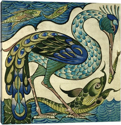 Tile Design Of Heron And Fish Canvas Art Print - Bird Art