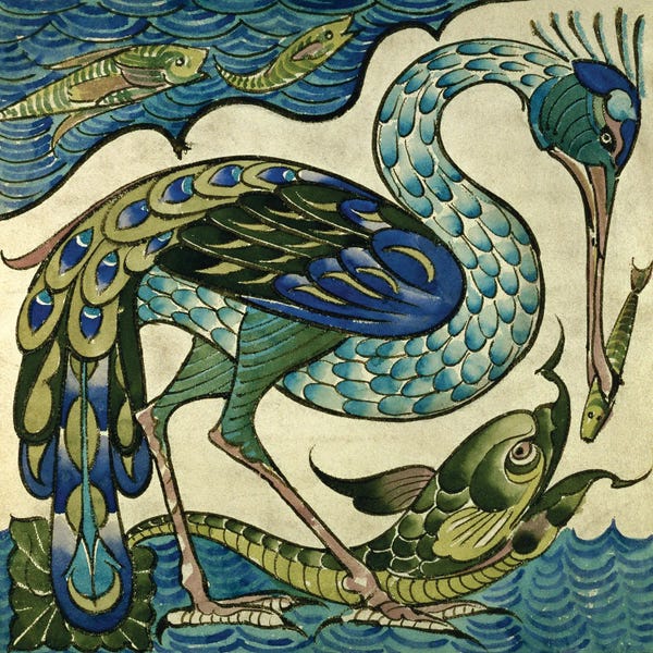 Sea Life: Tile Design Of Heron And Fish by Walter Crane