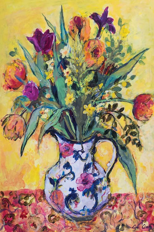 Jug Of Spring Flowers On A Yellow Ground