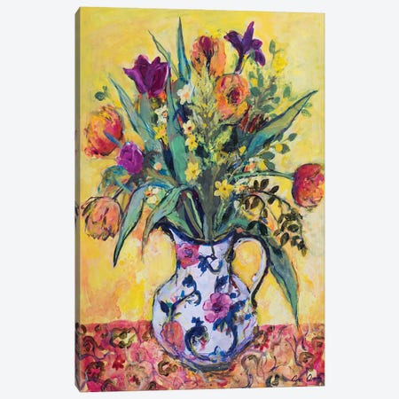 Jug Of Spring Flowers On A Yellow Ground Canvas Print #BMN13098} by Ann Oram Canvas Wall Art