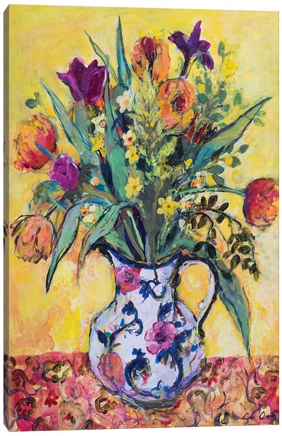 Jug Of Spring Flowers On A Yellow Ground Canvas Art Print