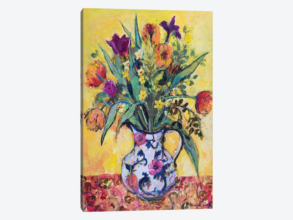 Jug Of Spring Flowers On A Yellow Ground by Ann Oram 1-piece Canvas Art Print