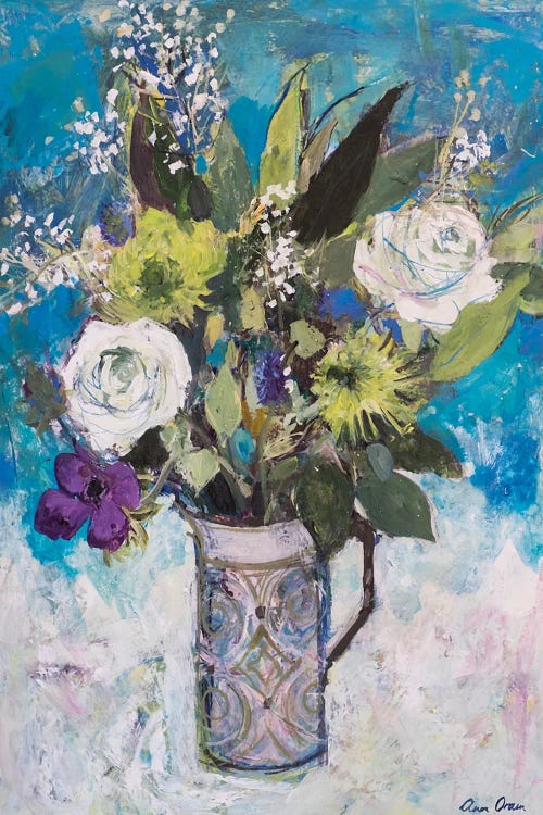 Jug With White Roses And Other Flowers