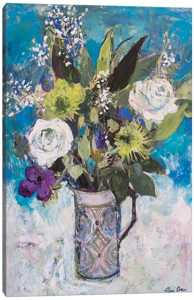 Jug With White Roses And Other Flowers Canvas Art Print