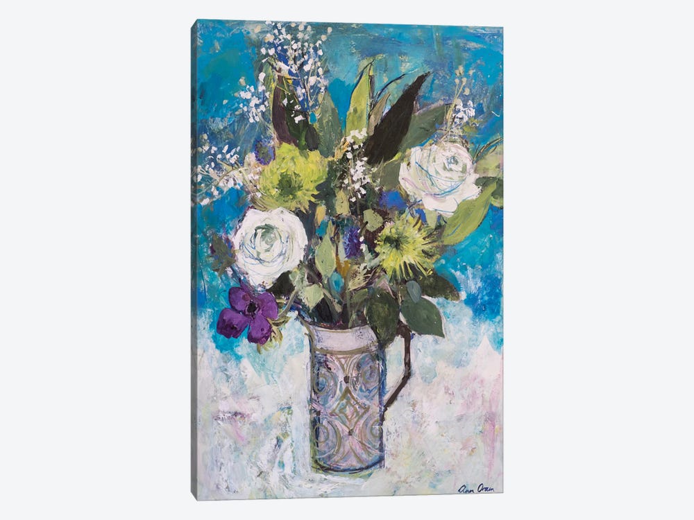Jug With White Roses And Other Flowers by Ann Oram 1-piece Canvas Art