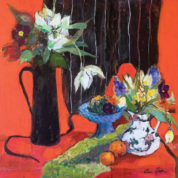 Ann Oram: Kitchen Still Life On Red, 2019 by Ann Oram