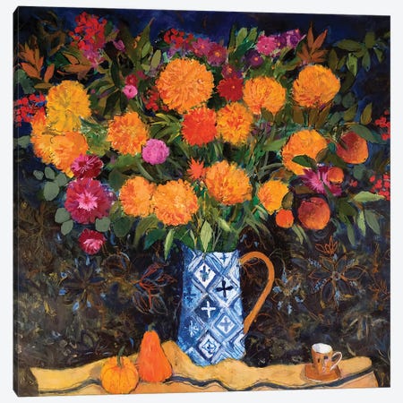 Orange Chrysanthemums On A Tapestry Cloth, 2022 Canvas Print #BMN13105} by Ann Oram Canvas Art Print