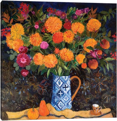 Orange Chrysanthemums On A Tapestry Cloth, 2022 Canvas Art Print - Chrysanthemum Art