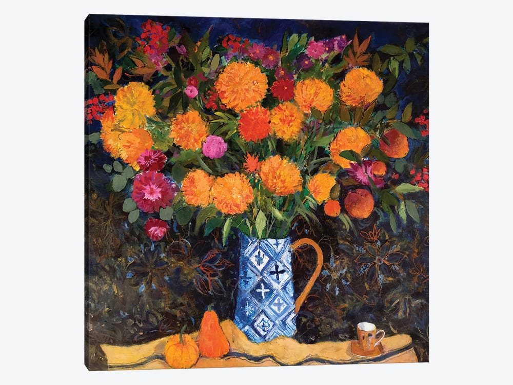 Orange Chrysanthemums On A Tapestry Cloth, 2022 by Ann Oram 1-piece Canvas Wall Art