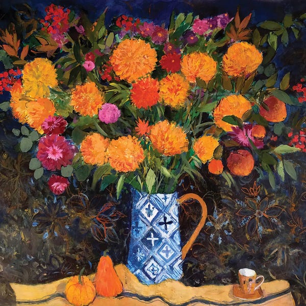 Chrysanthemums: Orange Chrysanthemums On A Tapestry Cloth, 2022 by Ann Oram