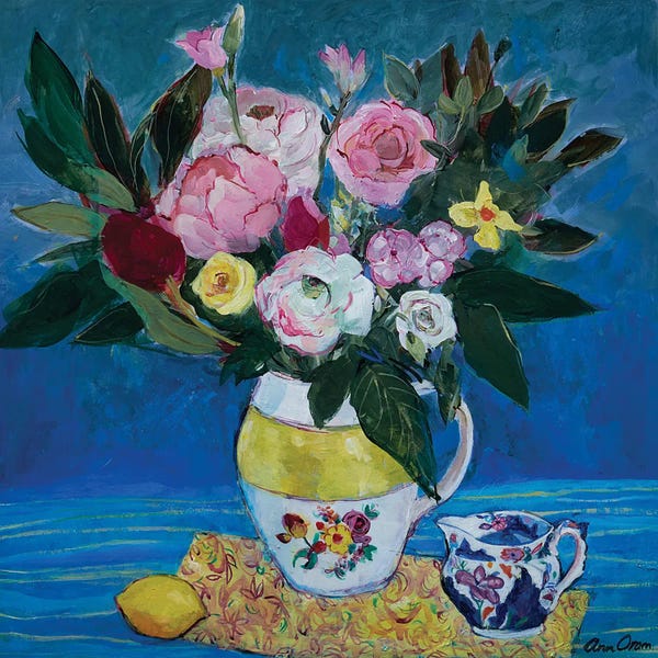 Lemons & Limes: Peonies In A Yellow And White Jug, 2021 by Ann Oram
