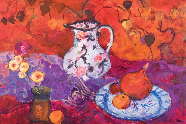 Ann Oram: Red Still Life With Chinese Lantern by Ann Oram