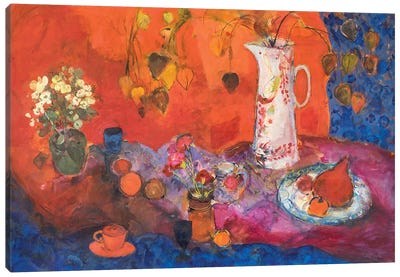 Red Still Life With White Jug And Fruit Canvas Art Print - An Ode to Objects