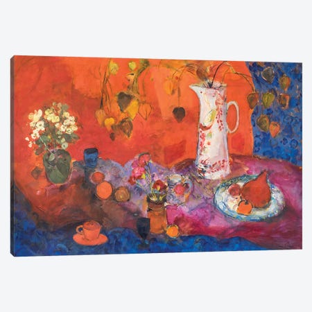 Red Still Life With White Jug And Fruit Canvas Print #BMN13108} by Ann Oram Canvas Art